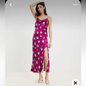 Loft cowl neck satin buttercup purple print button straps bias cut midi dress